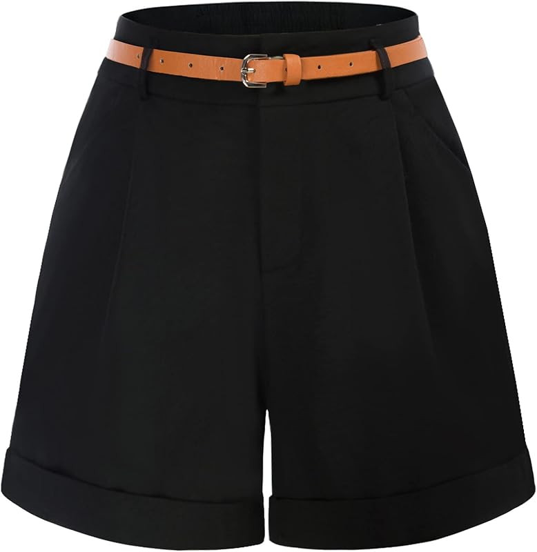 Belle Poque Women Bermuda Shorts Elastic Waist Wide Leg Shorts with Pockets & Belts | Amazon (US)