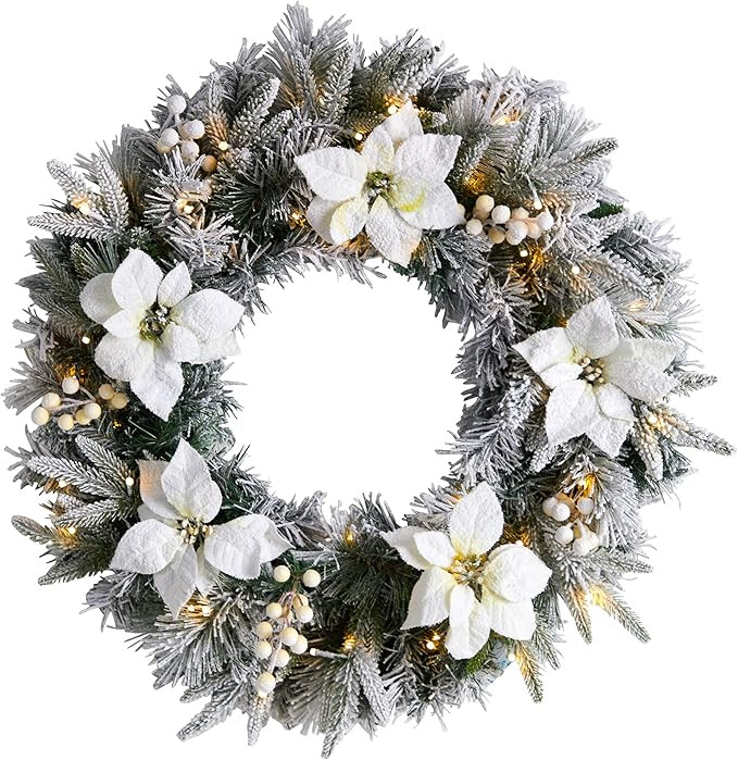 Nearly Natural 24in. Flocked Poinsettia and Pine Artificial Christmas Wreath with 50 Warm White L... | Amazon (US)