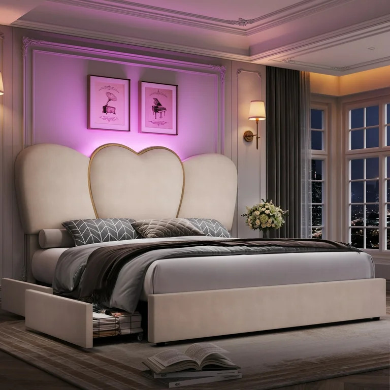 Homfa Queen Size LED Bed Frame with 4 Storage Drawers, Velvet Upholstered Platform Bed with High ... | Walmart (US)
