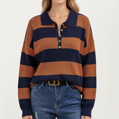 Anna-Kaci Women's Long Sleeve Striped Knit Polo Top with Button Placket and Ribbed Cuffs - Large, Orange | Target