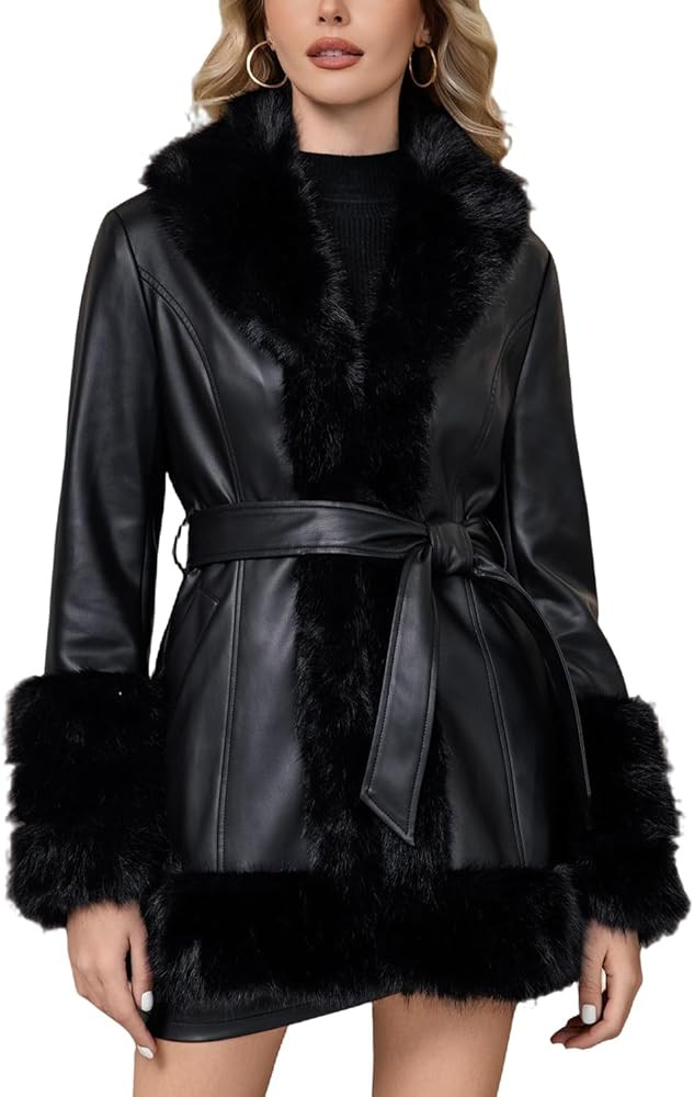 DIASHINY Women Faux Fur Leather Jacket Fur Lined Winter Warm Parka Fur Coat With Belt | Amazon (US)