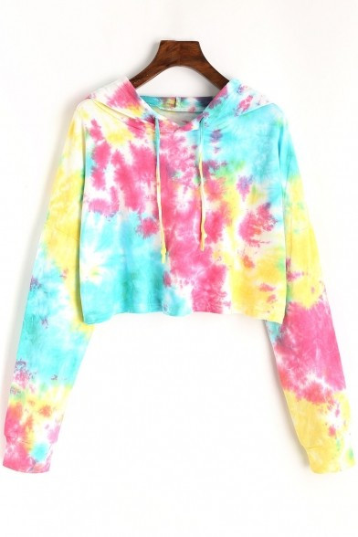 Pop Ombre Tie Dye Long Sleeves Loose Leisure Cropped Hoodie with Drawstring | Beautifulhalo.com