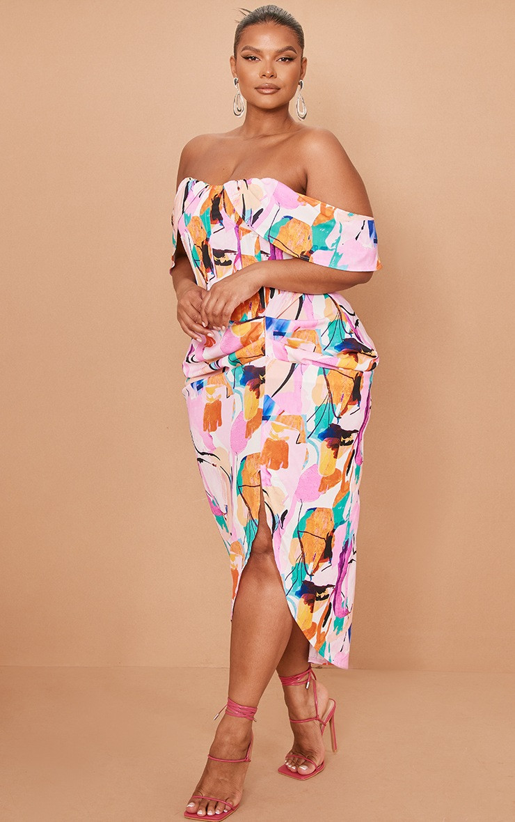 Plus Multi Bardot Ruched Side Midi Dress | PrettyLittleThing US