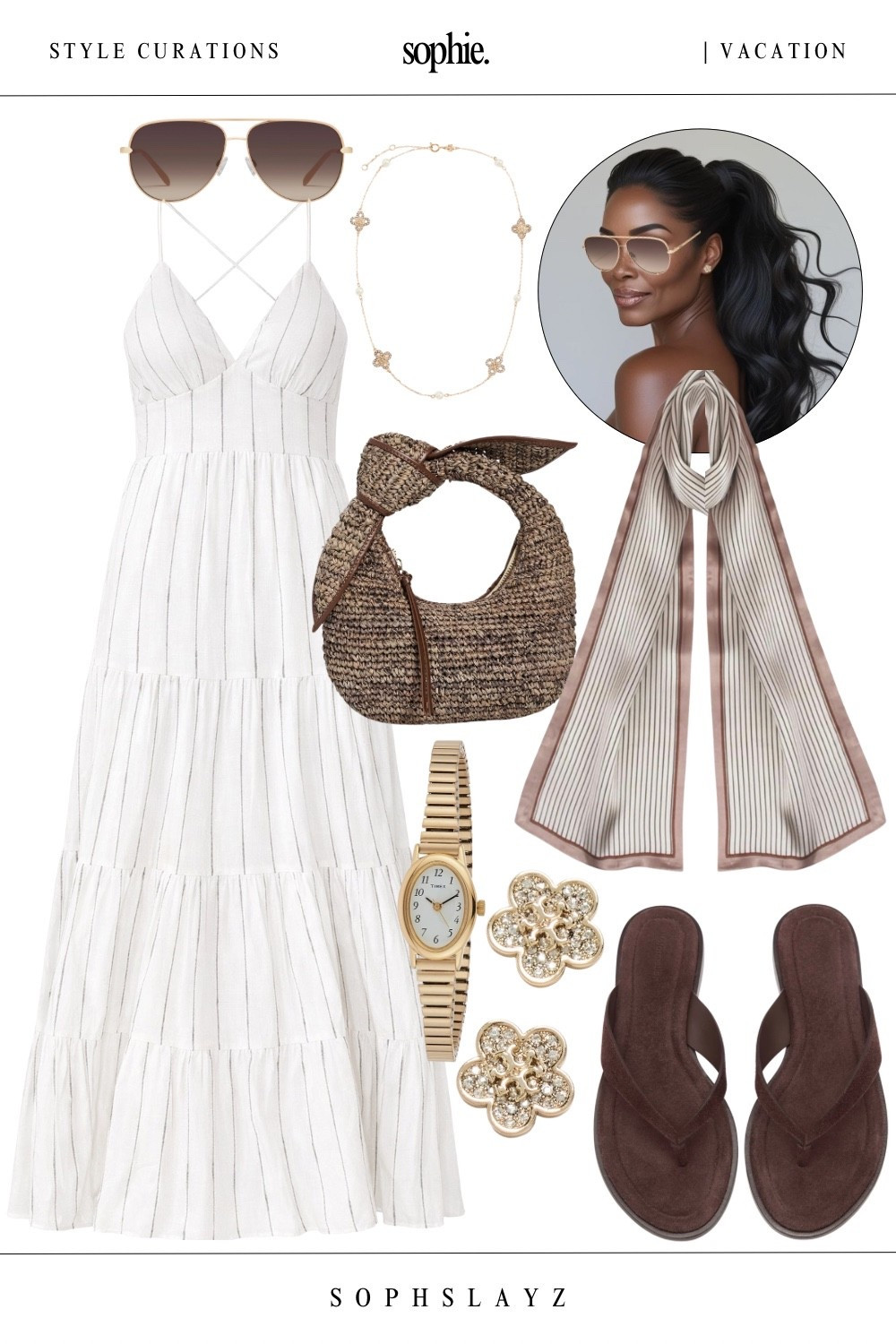 This look: white tiered maxi dress, woven straw bag, brown flat sandals, aviator sunglasses, oversized silk scarf, gold floral stud earrings, classic gold watch.
It’s giving timeless, elevated, and intentionally styled. Wear this for sightseeing days, vacation brunch, or evening plans by the water.

🔎 vacation dress, vacation outfit, resort wear, white summer outfit, white summer dress, beach bag, suede sandals, gold jewelry, travel fashion

#LTKootd