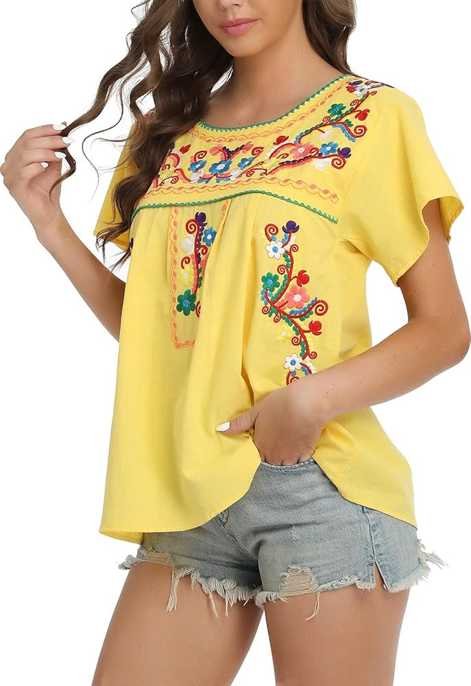 YZXDORWJ Women's Embroidered Mexican Peasant Blouse Mexico Summer Shirt Short Sleeve | Amazon (US)