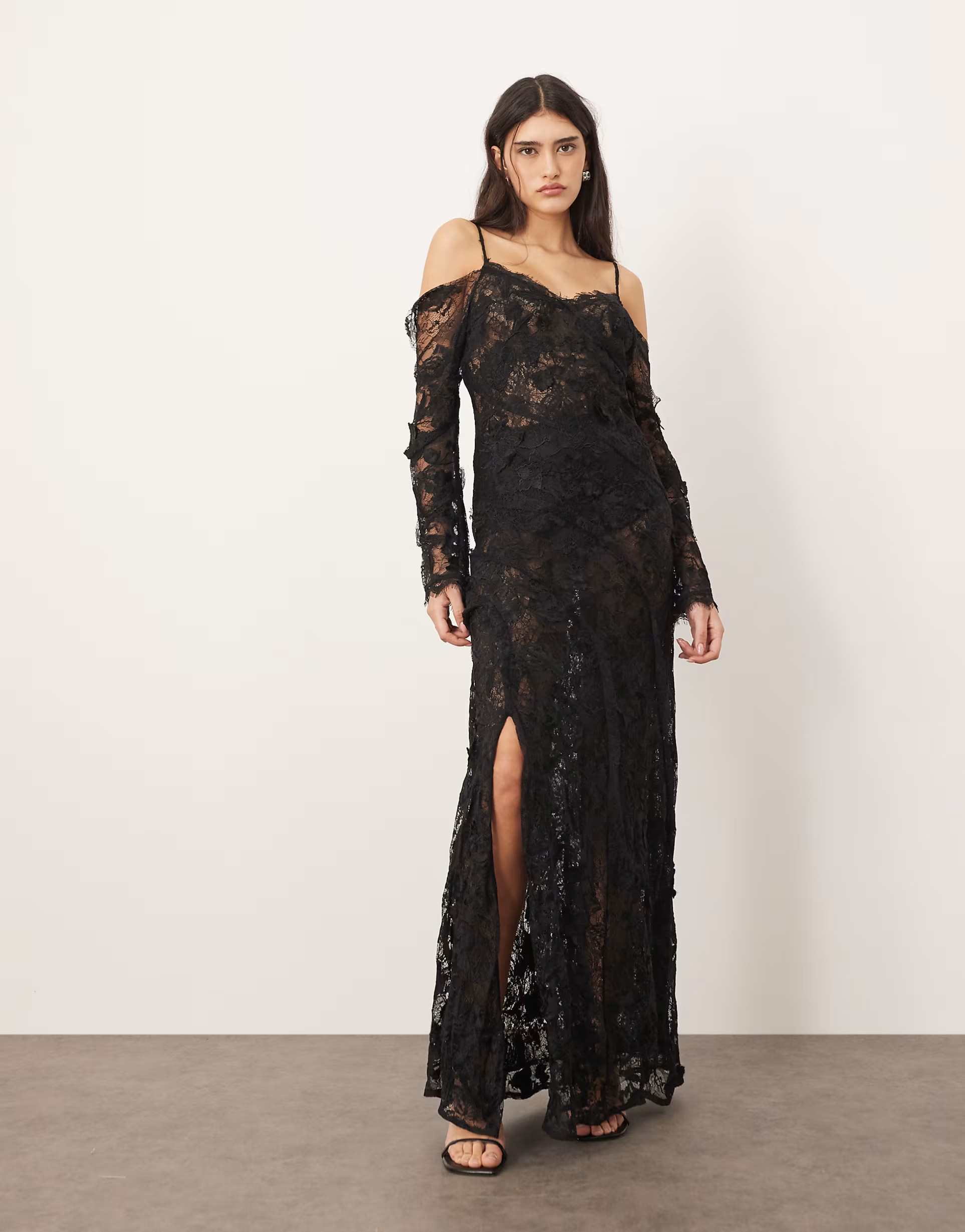 ARRANGE lace embroidered cold shoulder maxi dress with slit in black | ASOS | ASOS (Global)