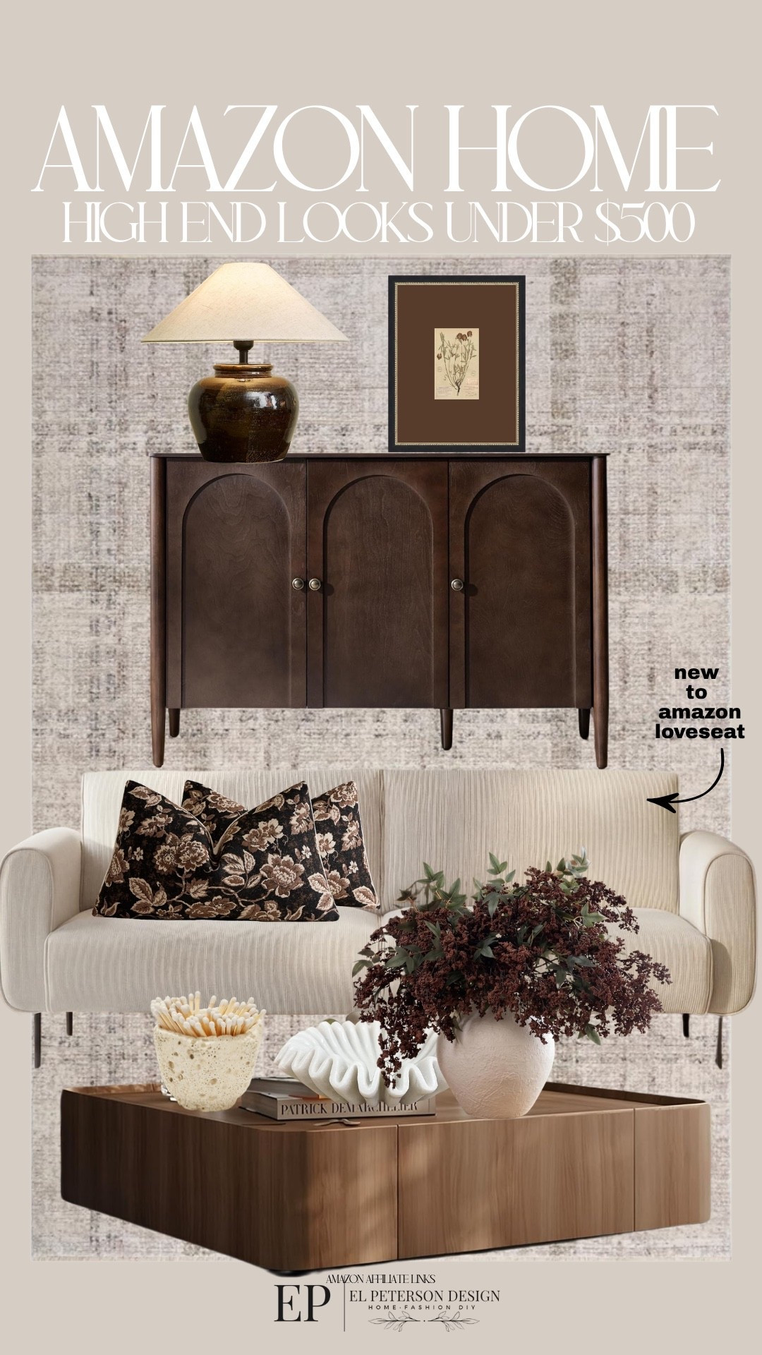 Amazon
Rug
Sideboard
Table lamp
Artwork
Pillows
Loveseat 
Stem
Coffee Table
Bowl
Match holder

#LTKHome