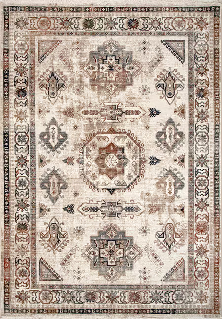 Beige Faded Medallion Fringe 6' 7" x 9' 8" Area Rug | Rugs USA