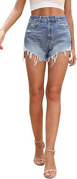 OFLUCK Women's High-Waisted Jeans Shorts Frayed Raw Hem Ripped Summer Denim Shorts | Amazon (US)