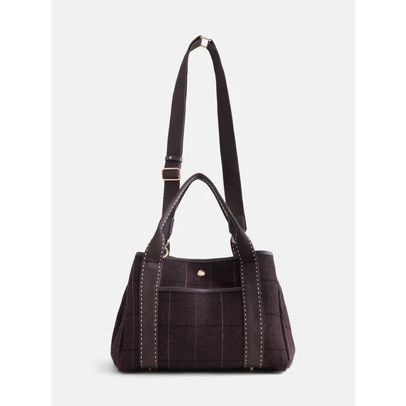 Free Assembly Women’s Plaid Medium Tote Handbag, Dark Brown | Walmart (US)
