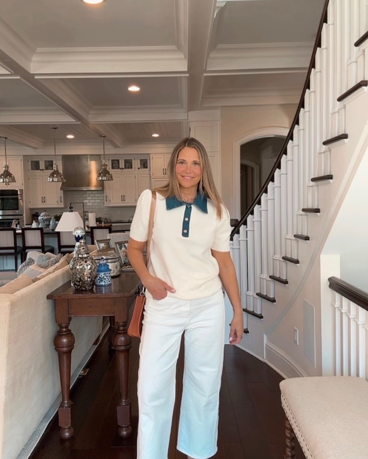 This look is almost monochromatic, and the denim collar is what gives it that extra touch 🤍 Such a fun outfit for spring and an easy way to keep neutrals feeling fresh. This top would also look so cute with a colored pant like pink or butter yellow.

#LTKMidsize #LTKSeasonal #LTKOver40