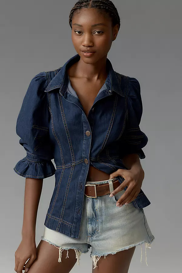 By Anthropologie Puff-Sleeve Denim Buttondown Shirt | Anthropologie (US)
