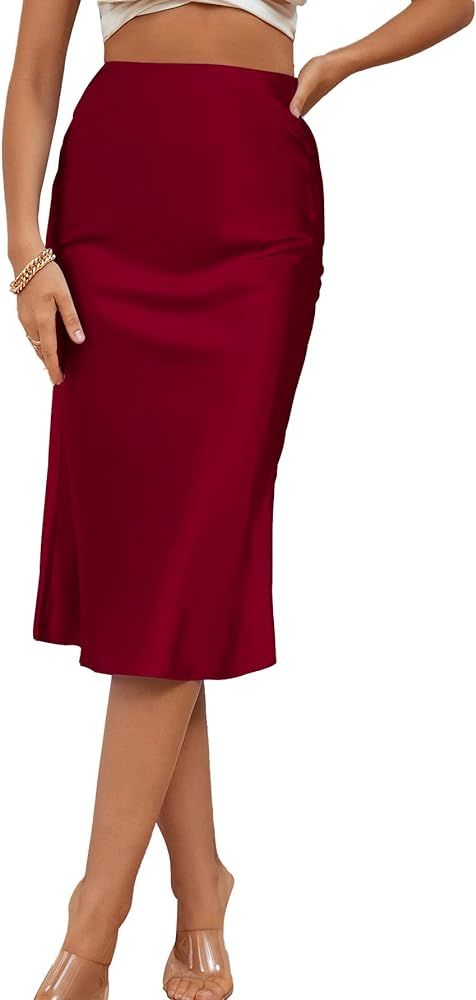 LYANER Women's Satin Silk High Waist Side Zipper Up Ruffle Hem Flared Midi Skirt | Amazon (US)