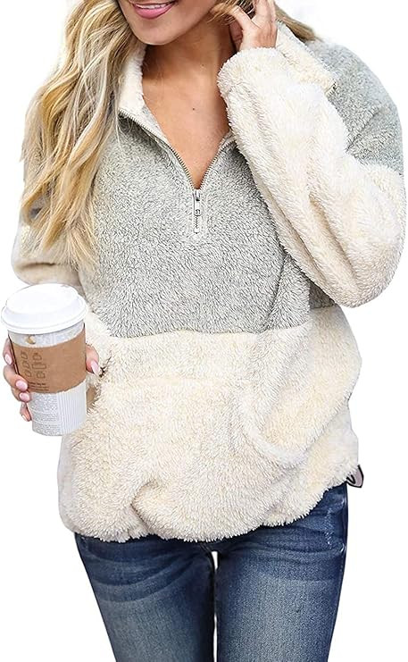 MEROKEETY Women's Long Sleeve Contrast Color Zipper Sherpa Pile Pullover Tops Fleece Sweatshirt | Amazon (US)
