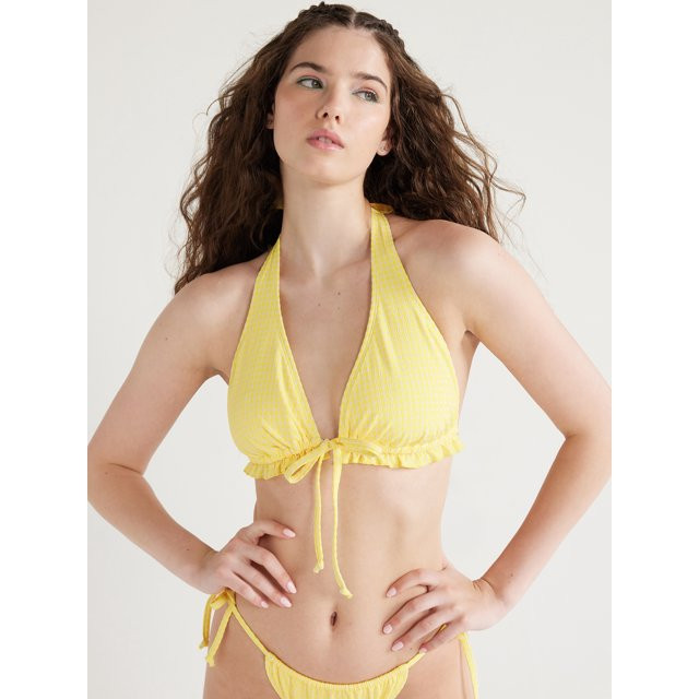 No Boundaries Juniors’ Yellow Gingham Halter Bandeau Bikini Top, Size XS-XL | Walmart (US)