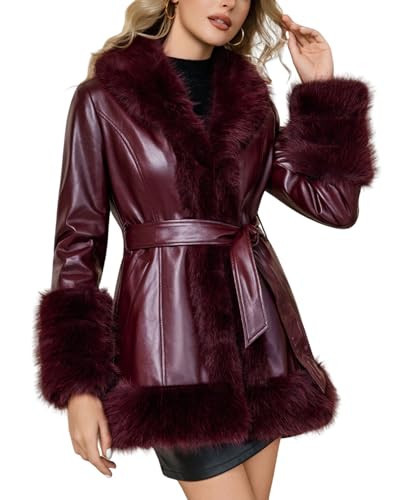 DIASHINY Women Faux Fur Leather Jacket Fur Lined Winter Warm Parka Fur Coat With Belt Purple Red L | Amazon (US)