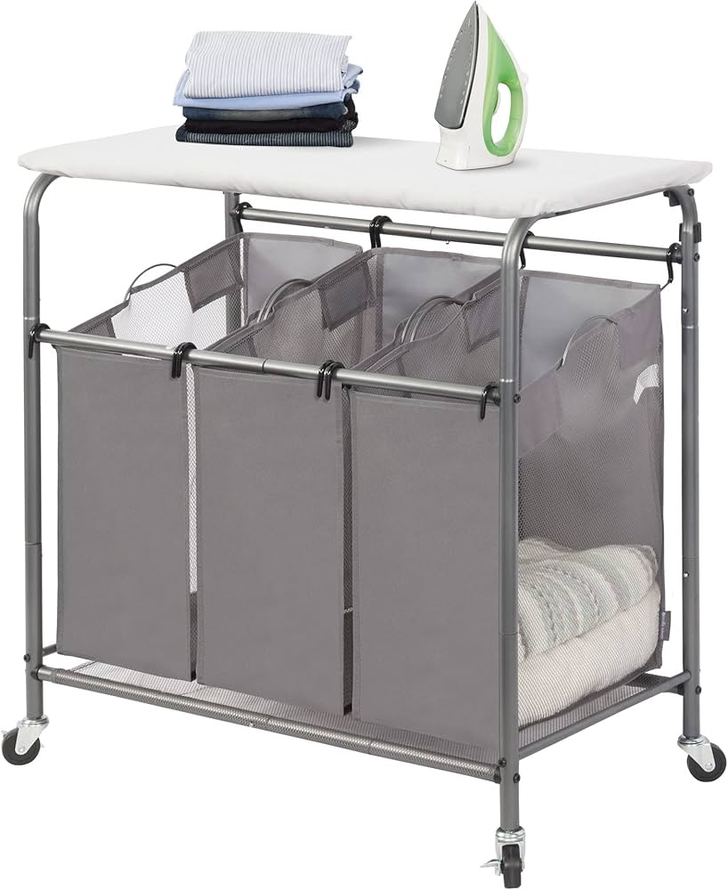 STORAGE MANIAC 3-Section Laundry Sorter with Foldable Ironing Board, Heavy-Duty Rolling Laundry C... | Amazon (US)