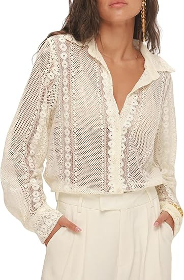 Women Long Sleeve Floral Lace Blouse Button Down Sheer Collared Shirt Embroidered Mesh Going Out ... | Amazon (US)