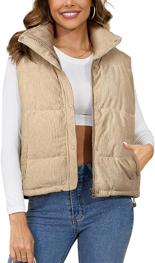 Gihuo Women's Corduroy Puffer Vest Stand Collar Zip Up Padded Vests Sleeveless Quilted Jackets Sn... | Amazon (US)