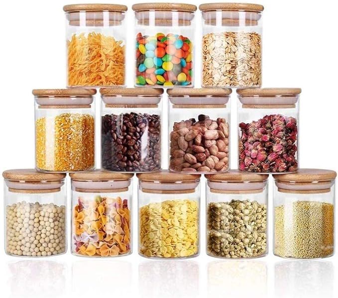 Glass Jars Set 9OZ, Yibaodan 12 Set Glass Spice Jars with Bamboo Airtight Lids and Labels, Food C... | Amazon (US)