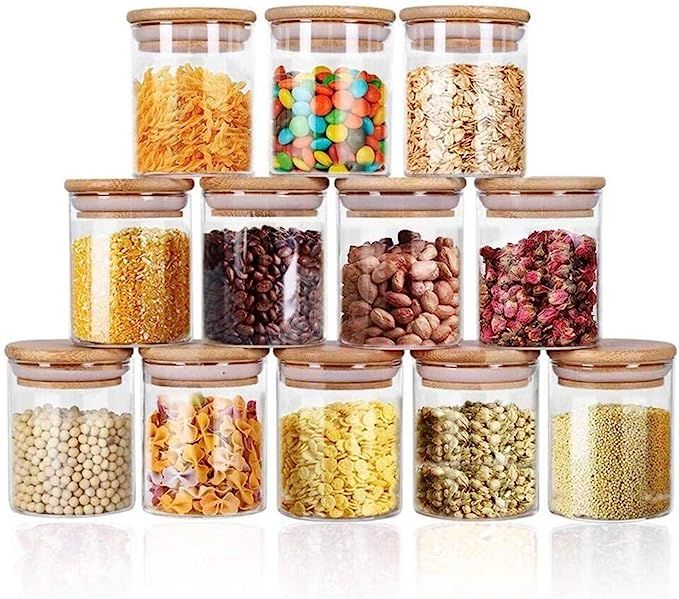 Glass Jars Set 8.5oz, Yibaodan 12 Set Spice Jars with Bamboo Airtight Lids and Labels, Food Cerea... | Amazon (US)