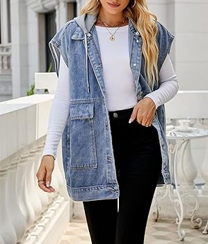 PAODIKUAI Women's Oversized Denim Vest Mid Long Jean Vest Sleeveless Jackets Distressed Vest Cott... | Amazon (US)