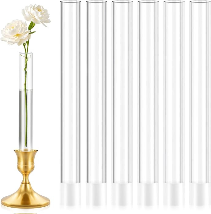 6 Pack 7.9” Acrylic Bud Vase — Cylinder Bud Vase for Taper Candlesticks, Flower Vase with Silicon Rubber Case Fits Candlestick Size 20-22mm, Perfect for Tablescapes, Weddings & Home Decor | Amazon (US)