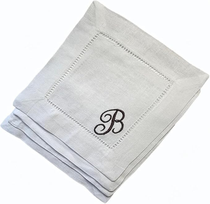 Personalized Embroidered Linen Cotton White Cocktail Napkins Cloth Hemstitch, Custom Initials Let... | Amazon (US)