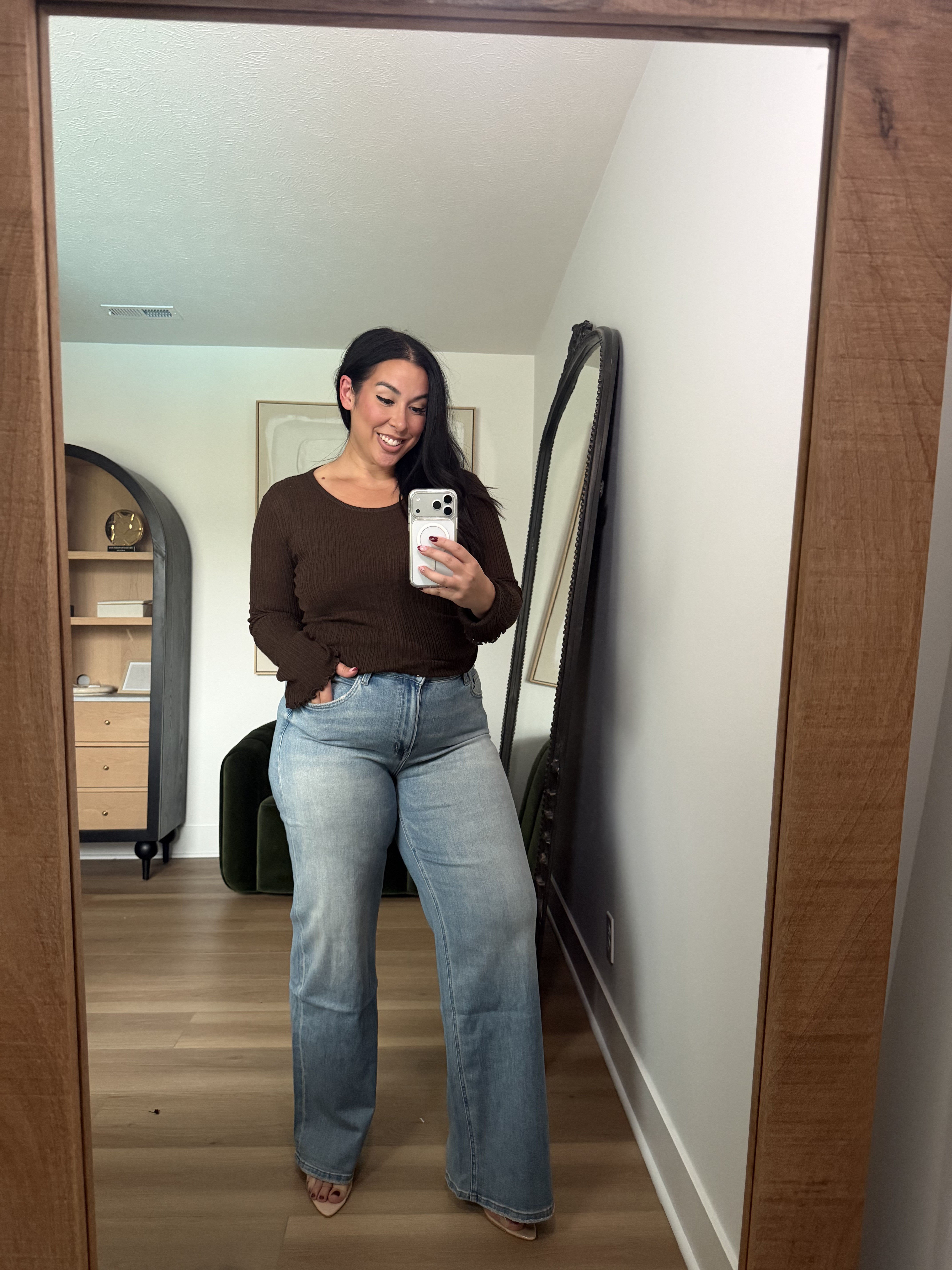 These jeans are magical. So comfortable, will not pull across the belly and so stretchy! This top has a built in tank! Wearing an XL & size 32. Use code: BONNIE40 @vici, fall style, fall loungewear, matching set, fall dresses 

 #LTKSeasonal #LTKMidsize