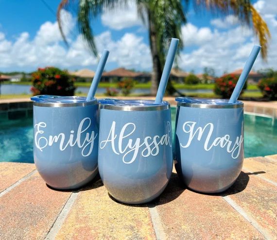 Glitter Dusty Blue Wine Tumbler With Straw Personalized - Etsy | Etsy (US)