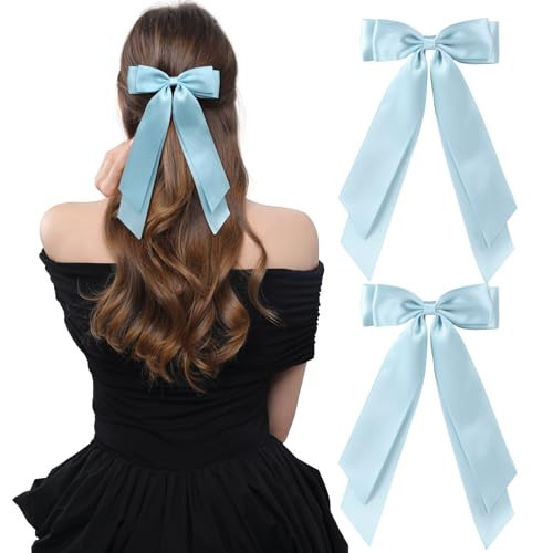 LuSeren 2 PCS Double Layer Hair Bows Light Blue Hair Ribbon Clips Ponytail Holder Accessories for Women Girls Toddlers Teens Kids | Amazon (US)