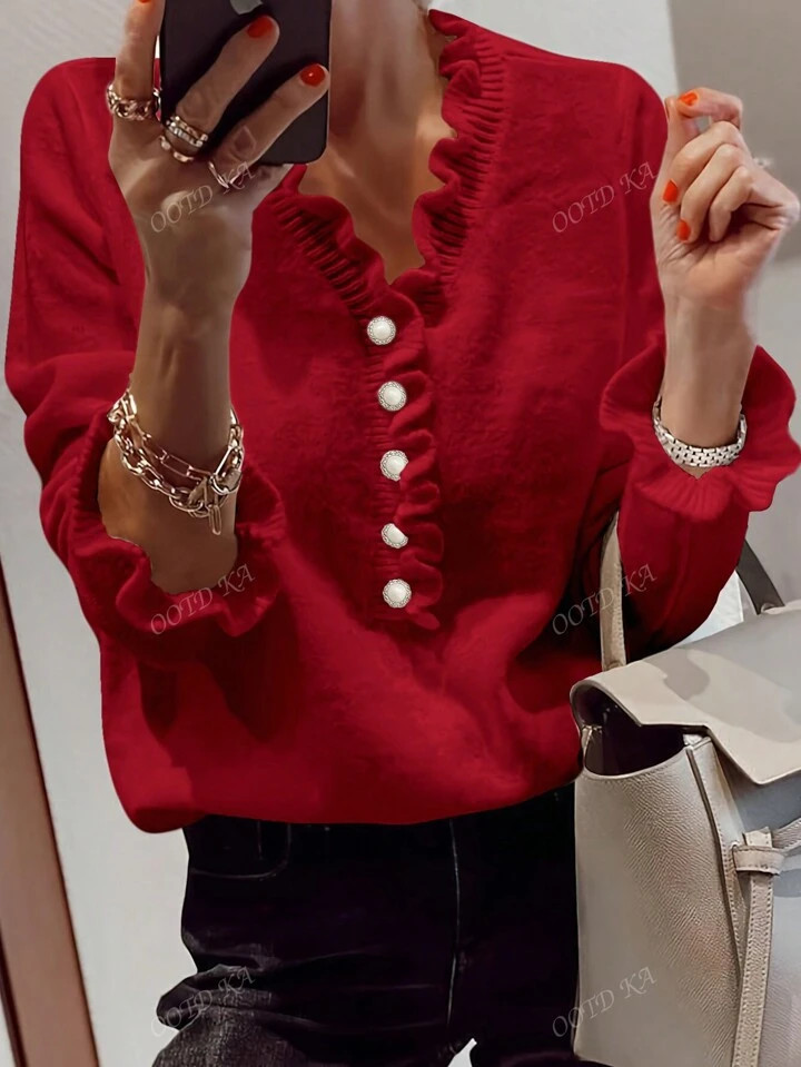 Women's Autumn And Winter Fashion Solid Color Elegant And Comfortable Long Sleeve Fungus Button V... | SHEIN