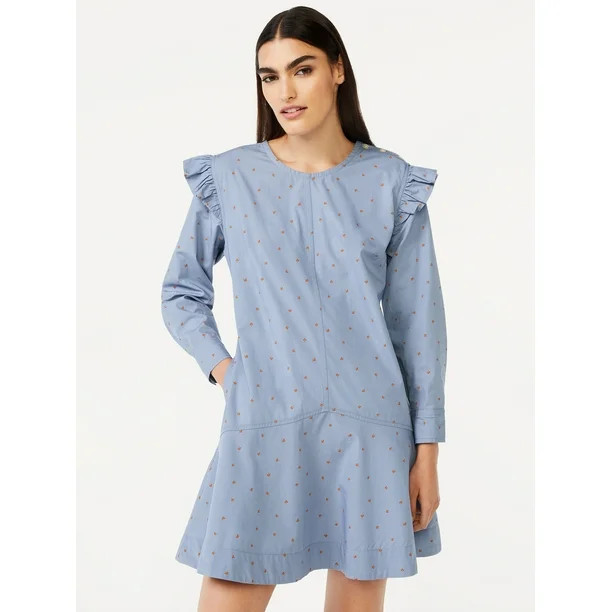 Free Assembly Women's Button Shoulder Mini Dress with Long Sleeves - Walmart.com | Walmart (US)