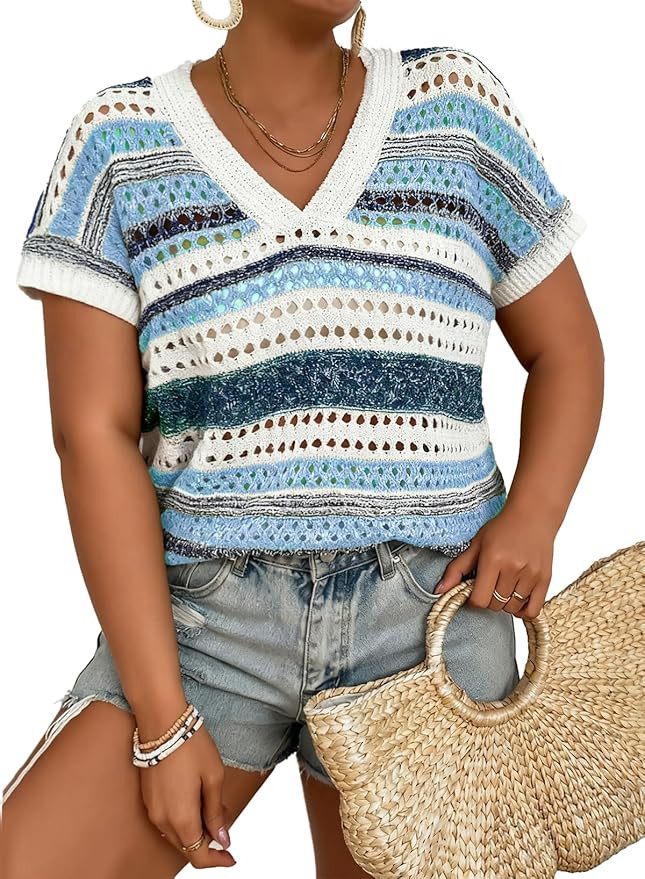 Eytino Plus Size Tops for Women Striped V Neck Short Sleeve Hollow Out Crochet Knit Sweater 2026 ... | Amazon (US)