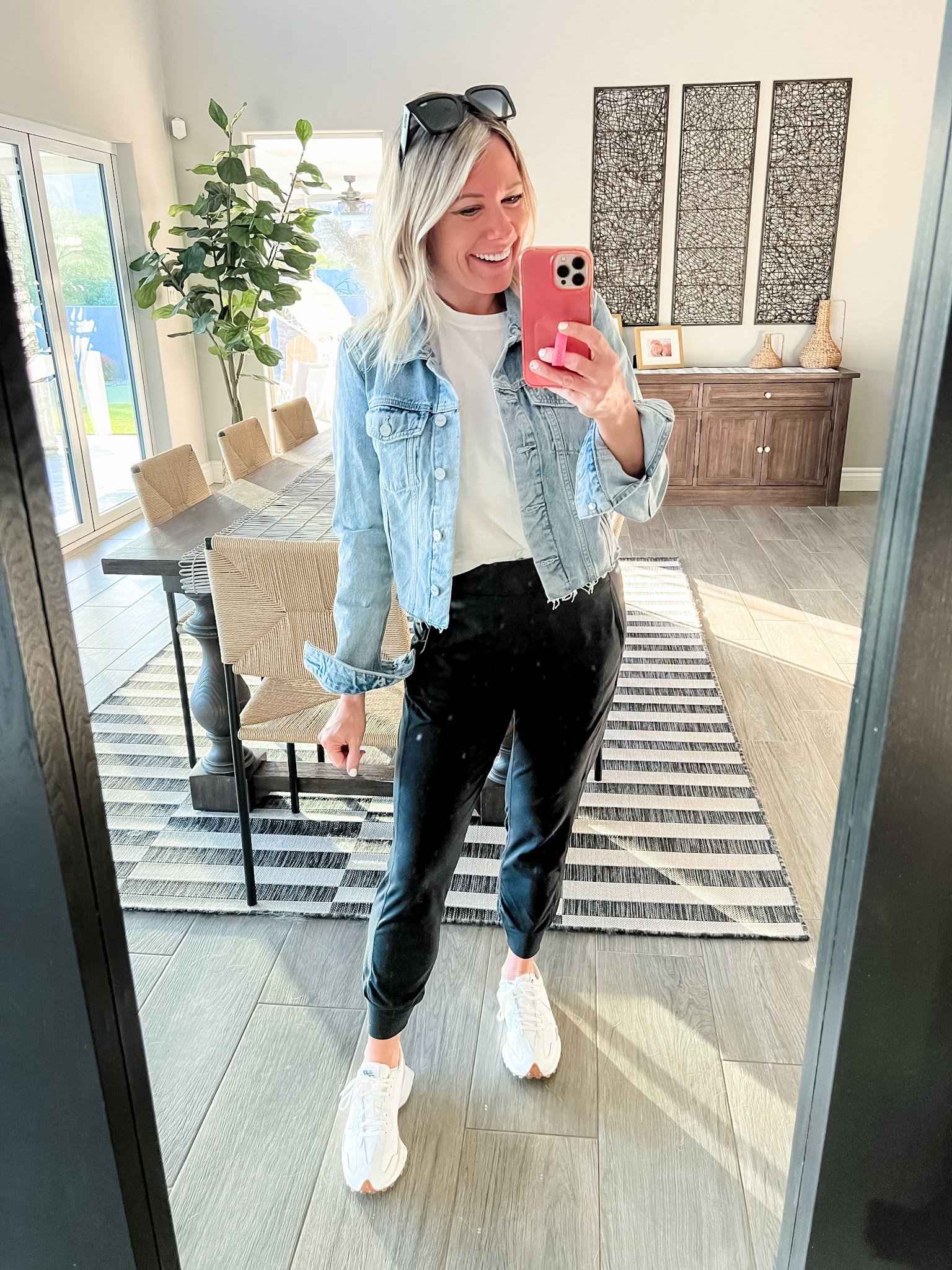Love these black joggers with a white cropped T-shirt, Paige denim jacket and white new balance sneakers. Size XS jacket and pants and small T-shirt. Sneakers run tts. Casual everyday jogger outfit ideas 

#LTKSeasonal #LTKshoecrush #LTKstyletip