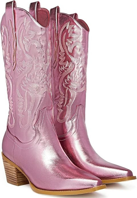 GOSERCE Western Cowboy Mid Wide Calf Boots Pull-Up Tabs Embroidered Sparkly Glitter Metallic Cowg... | Amazon (US)