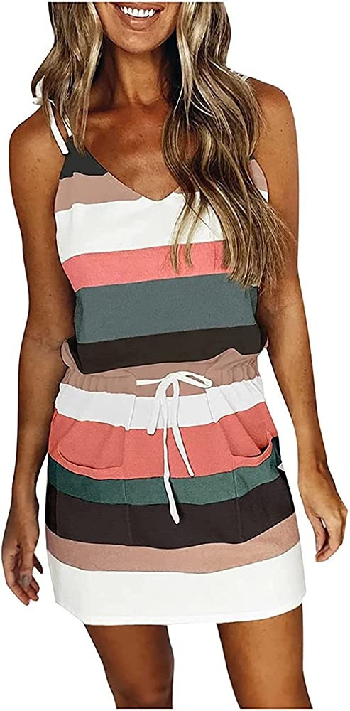 Summer Dresses for Women Casual Spaghetti Strap V-Neck Stripe Splicing Mini Dress | Amazon (US)