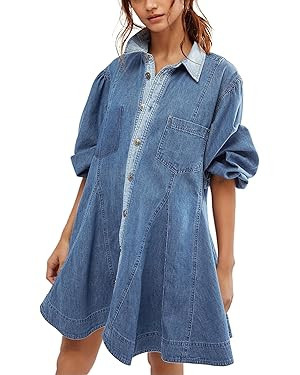 Gozoloma Women's Denim Dress Long Balloon Sleeves Button Down A Line Swing Ruffle Jean Mini Babyd... | Amazon (US)