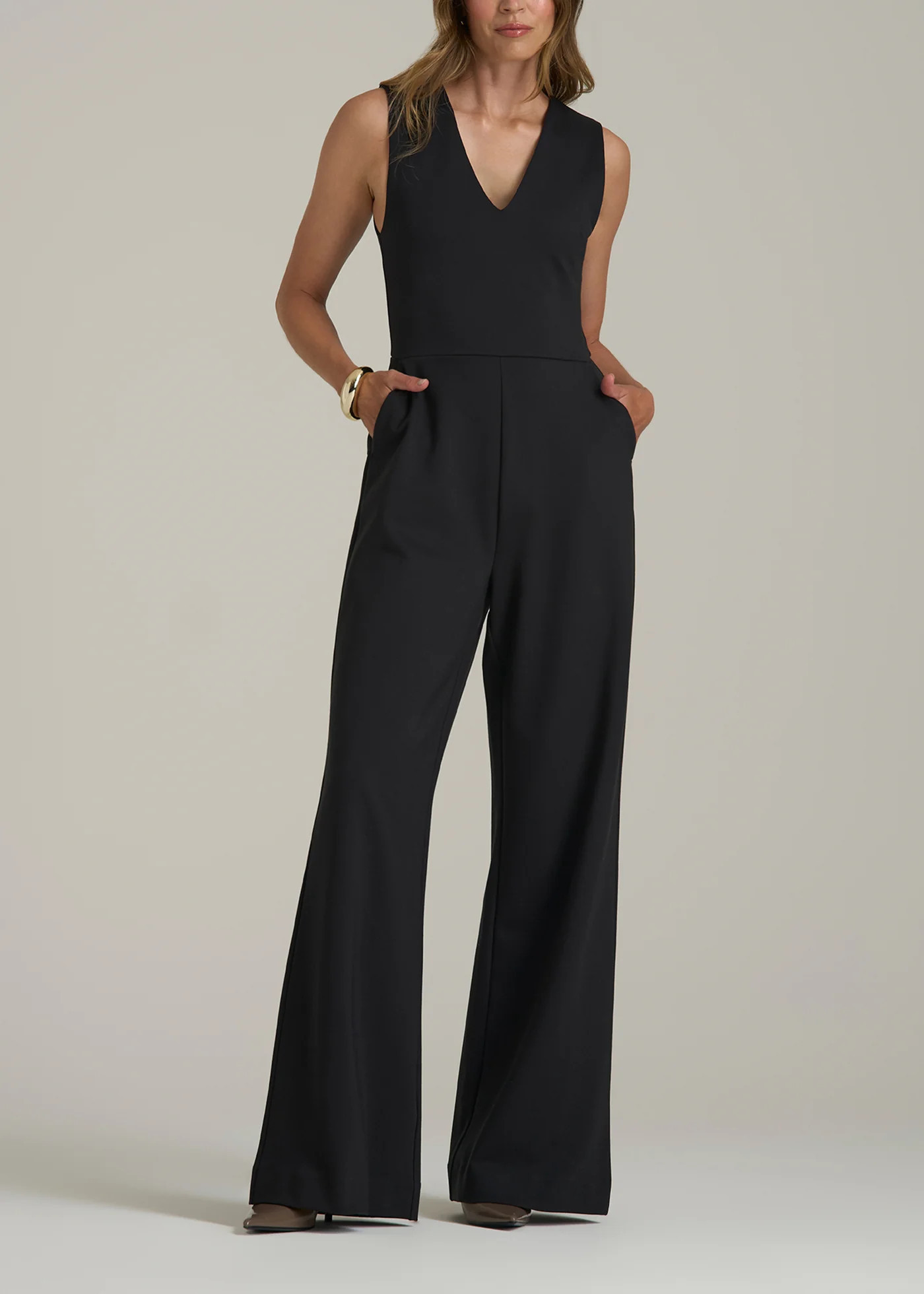 Soft Flex Ponte Wide-Leg V-Neck Jumpsuit for Tall Women in Black | American Tall