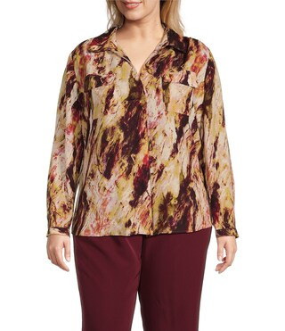 Plus Size Woven Long Sleeve V-Neck One Button Closure Marble Print Blouse | Dillard's
