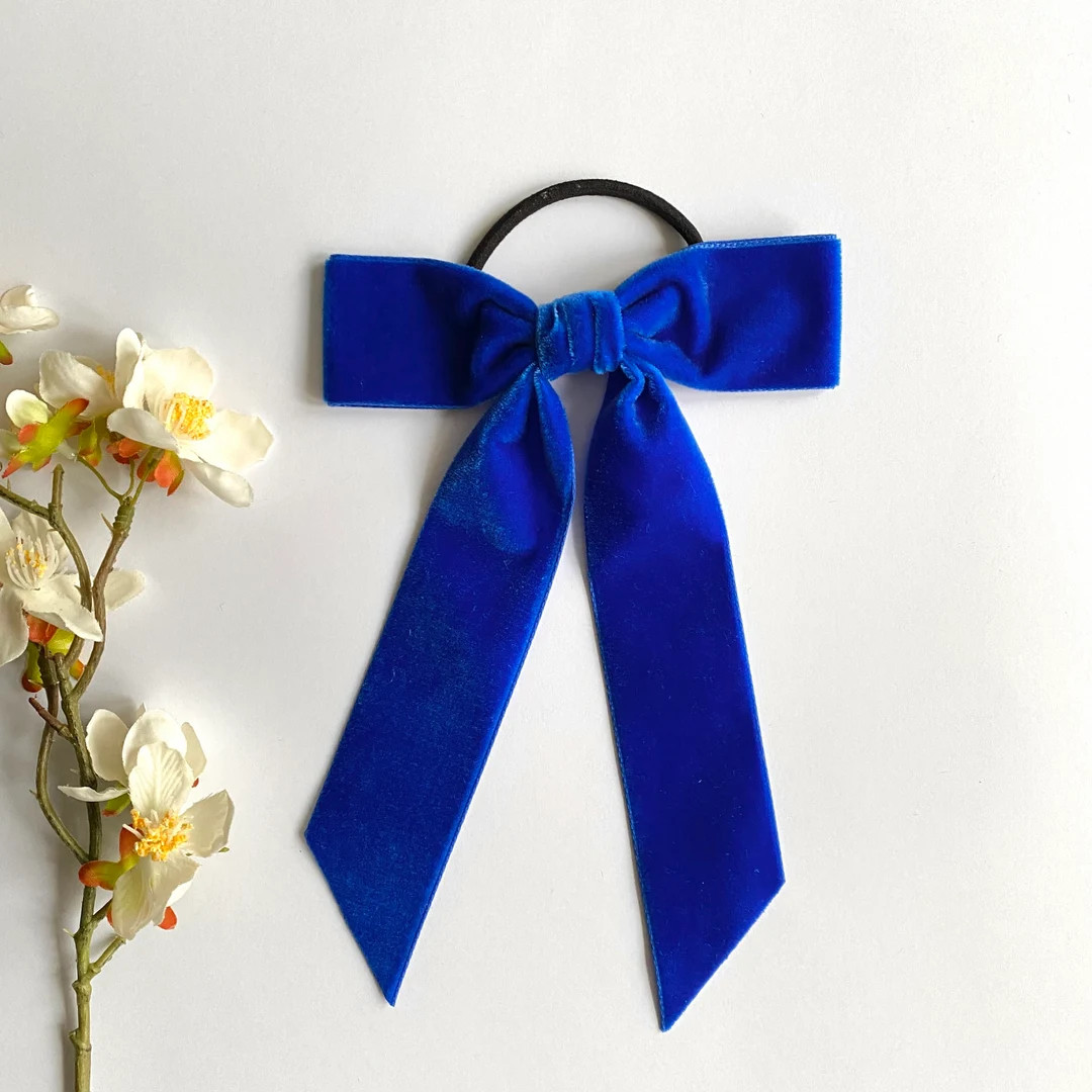 Royal Blue Velvet Long Tail Hair Bow: Alligator Clip or Hair Tie - Etsy UK | Etsy (US)