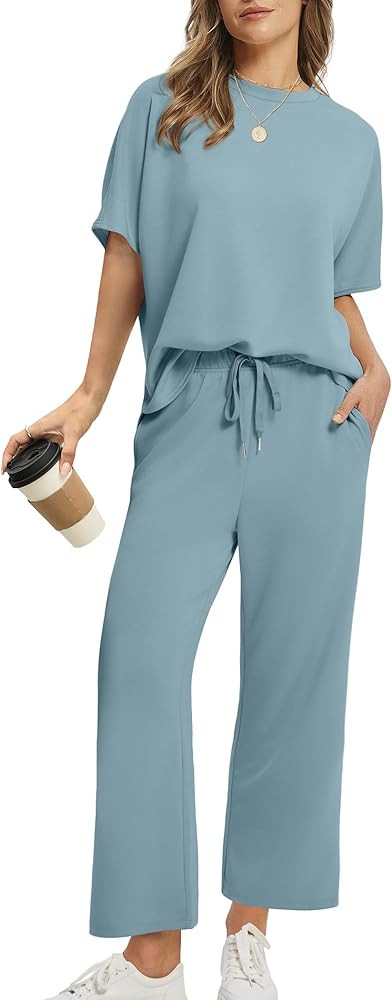 SAMPEEL Two Piece Sets for Women Summer Outfits Oversized Wide Leg Crop Pants Lounge Sets Airport... | Amazon (US)