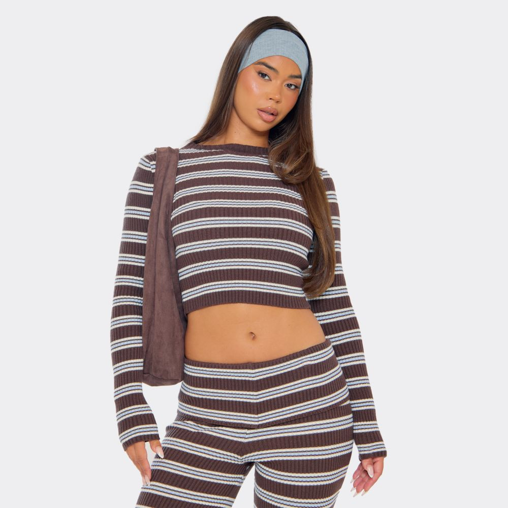 Long Sleeve Crew Neck Fitted Top In Brown And Blue Stripe Rib Knit | EGO (UK)
