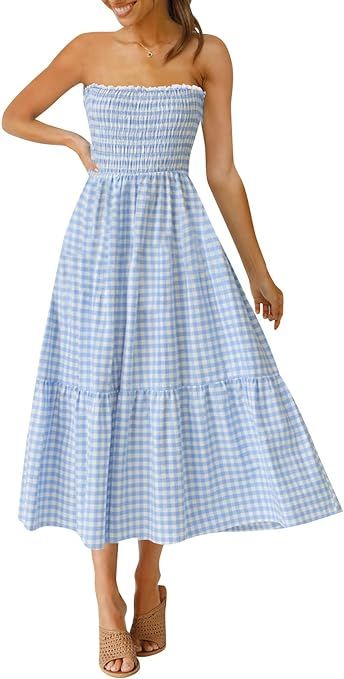 ZESICA Women's Summer Casual Strapless Plaid Print Off Shoulder Backless Ruffle Beach Long Midi D... | Amazon (US)