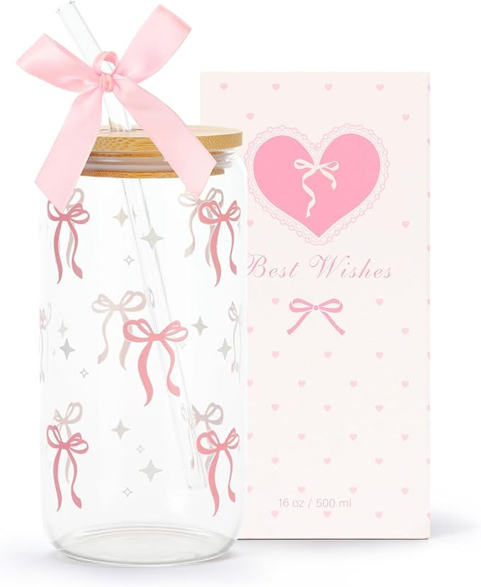 Coquette Pink Bow Glass Cup with Lids and Straws, 16 oz Cute Glass Cup, Aesthetic Iced Coffee Tum... | Amazon (US)