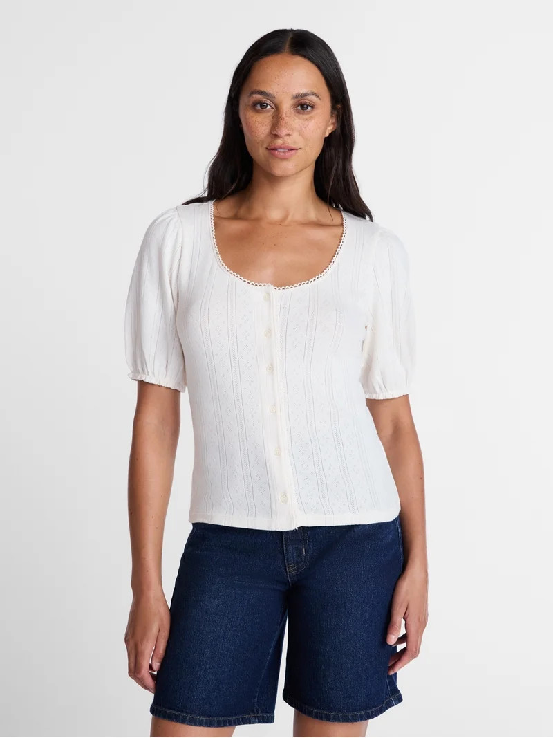 Time and Tru Women's Pointelle Top with Short Sleeves, Sizes XS-XXXL | Walmart (US)
