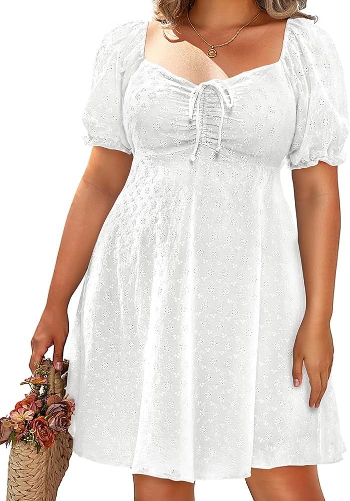 Pinup Fashion Plus Size Casual Eyelet Puff Sleeve Short Summer Sundress A Line Babydoll Cute Mini... | Amazon (US)