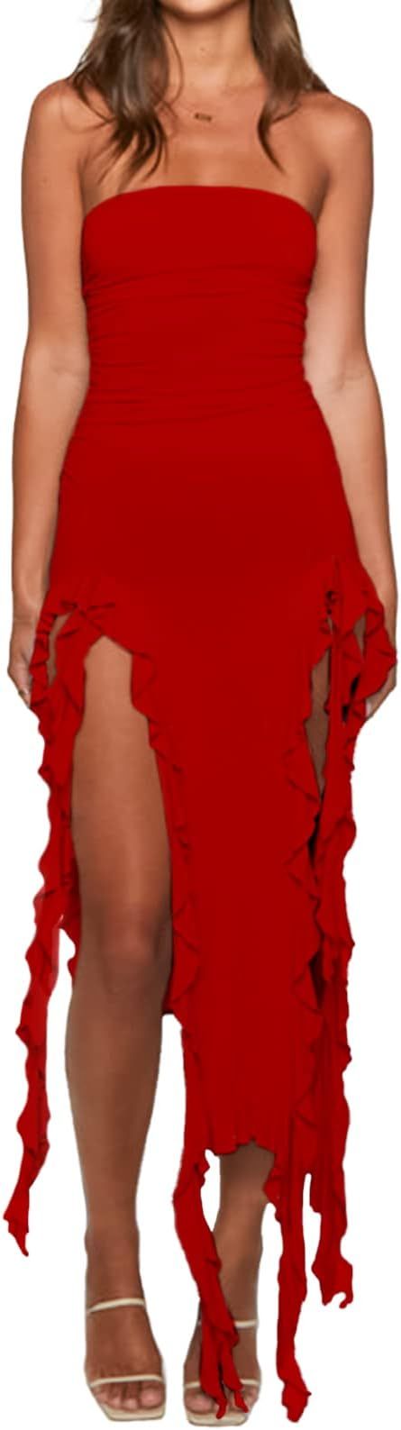 Women’s Bodycon Tube Dress Sexy Strapless Y2K Ruffle Trim Irregular Floral Tassel Split Ruched ... | Amazon (US)