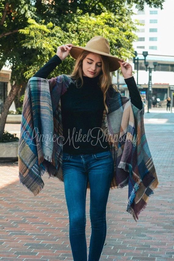 Plaid Poncho, Bohemian Ruana Winter Wrap, Multi Color Beige/Tans/Blue/Plum/Violet Plaid, Pocket R... | Etsy (US)