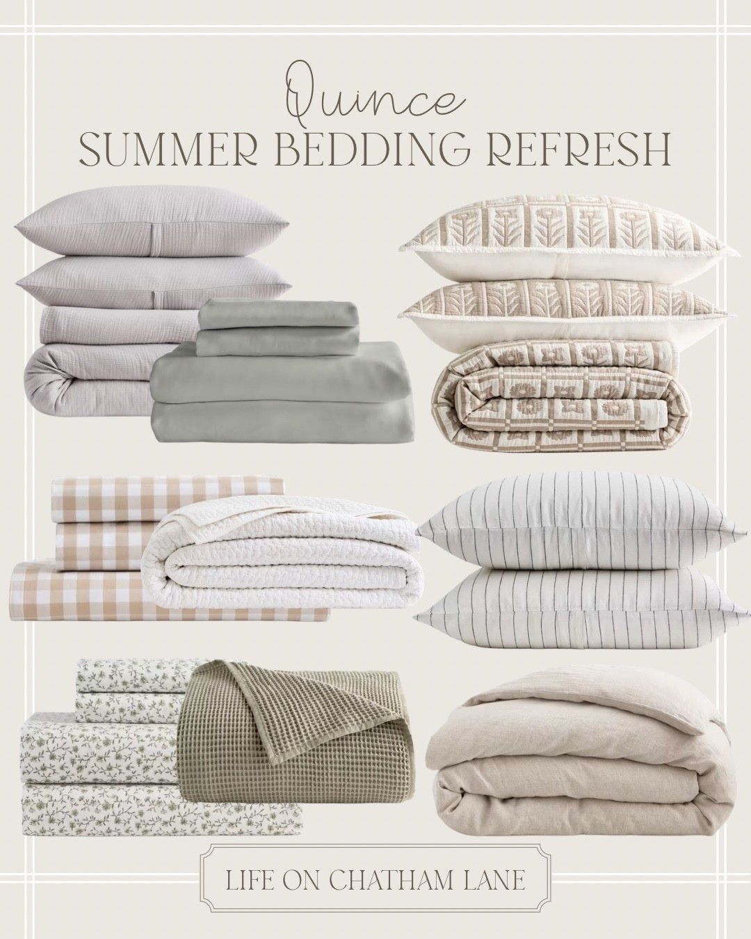 Quince summer bedding!  Love these pretty sheets, comforters, throw blankets, and more!  

Use my code INFG-26LIFEONCHATHAMLANE10 for 10% off your first purchase!

@Quince